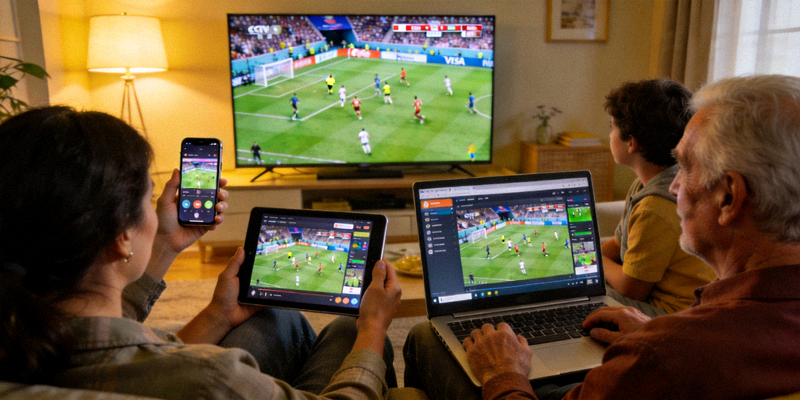 观众通过多个电子设备观看同一场足球比赛直播